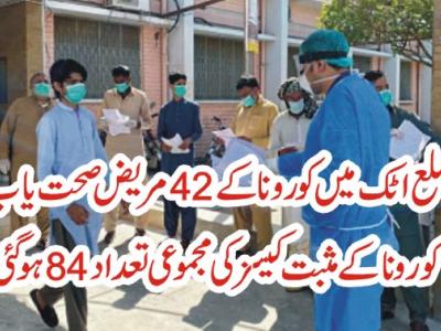 ضلع اٹک میں کورونا کے 42 مریض صحت یاب،متاثرہ افراد کی تعداد84 ہو گئی